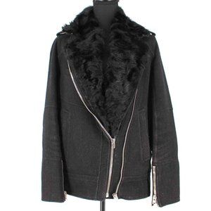 IRO Cidji Black Wool Blend Coat Removable Lamb Fur Trim Zip Jacket 36 Small